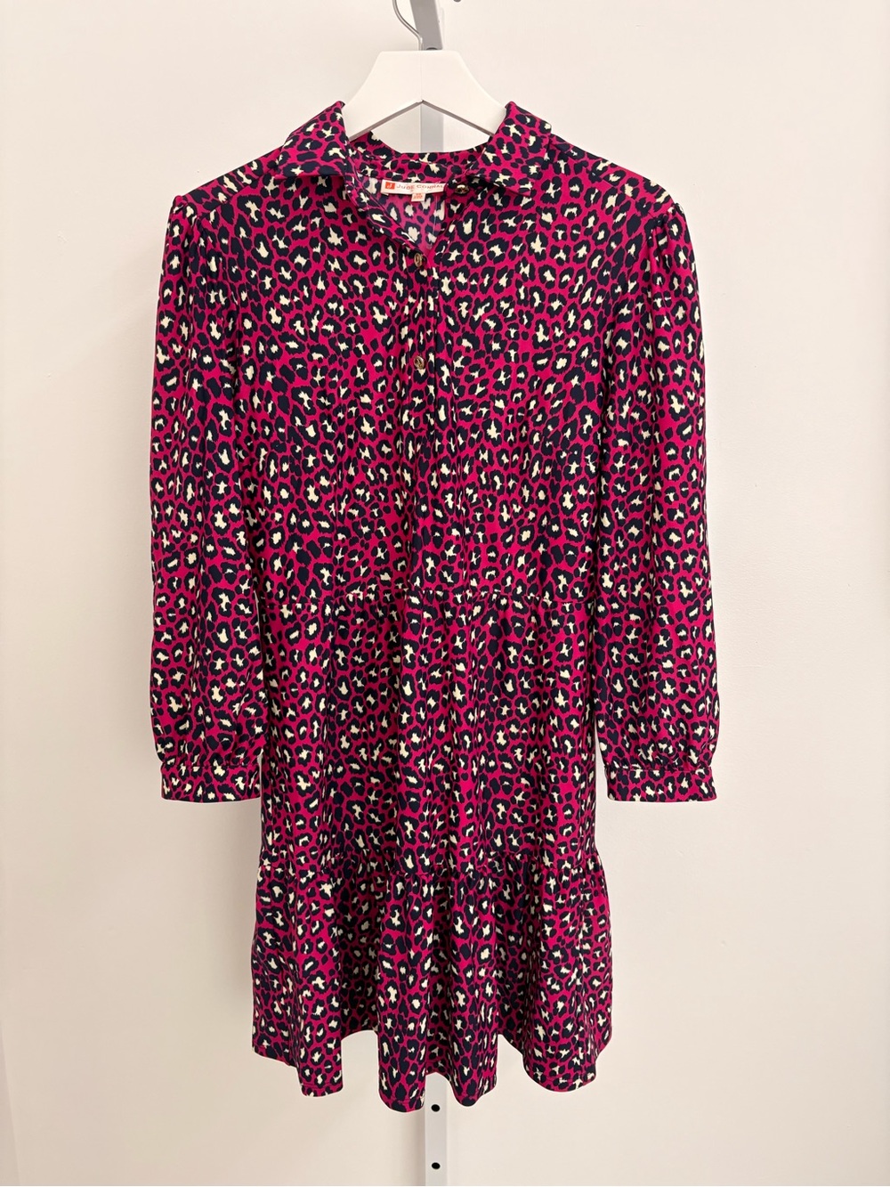 Jude Connally Fuchsia Leopard-Print Long-Sleeve Tiered Dress